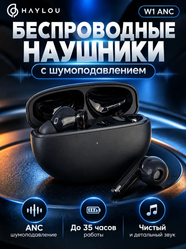 Беспроводные наушники Haylou W1 ANC черные с активным шумоподавлением Bluetooth 5.3