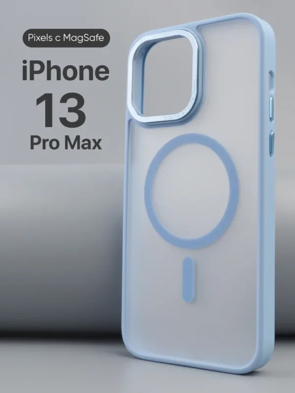 Прозрачный чехол Pixels с MagSafe для iPhone 13 Pro Max с синими бортиками, демонстрирующий встроенное магнитное кольцо.