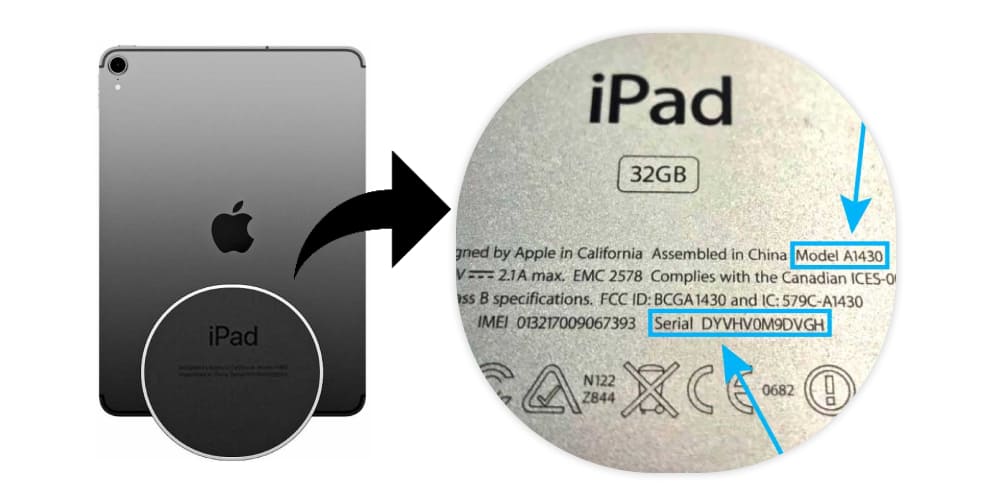 Увеличенный номер модели iPad на задней крышке устройства