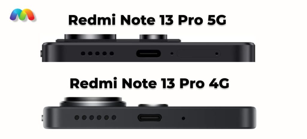 Нижние торцы смартфонов Redmi Note 13 Pro 5G и Redmi Note 13 Pro 4G рядом для сравнения