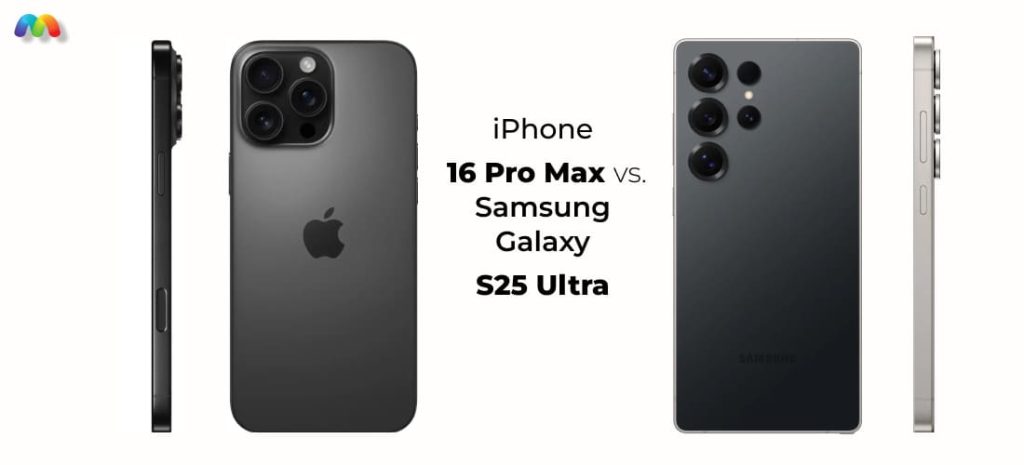 iPhone 16 Pro Max vs. Samsung Galaxy S25 Ultra 2 Сравнение задних панелей и бокового профиля iPhone 16 Pro Max и Samsung Galaxy S25 Ultra