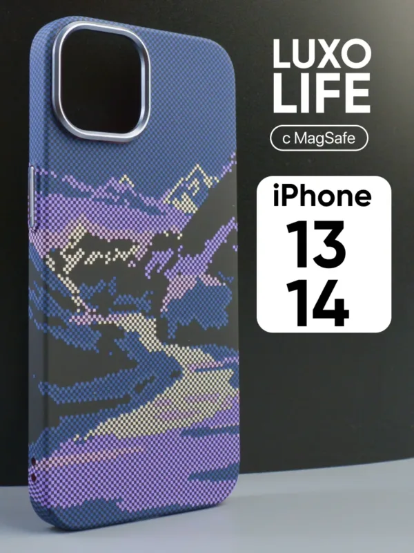 Чехол Luxo Life MagSafe для iPhone 13/14 в синем цвете с карбоновым узором.