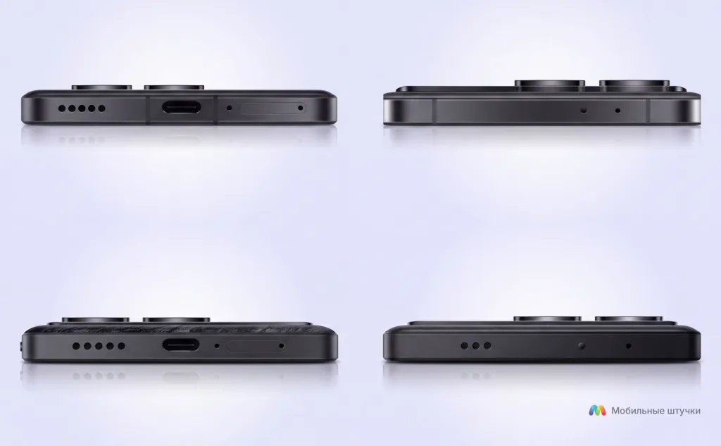 Сравнение нижних и верхних граней смартфонов Poco F6 Pro и Poco X6 Pro, показывающее расположение динамиков и портов.