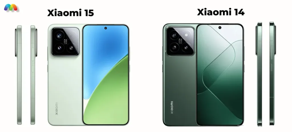 Сравнение Xiaomi 14 и Xiaomi 15 с трёх сторон — спереди, сзади и сбоку