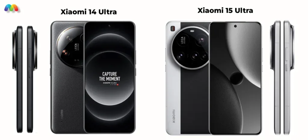 Полное сравнение внешнего вида смартфонов Xiaomi 14 Ultra и Xiaomi 15 Ultra, включая вид спереди, сзади и сбоку.