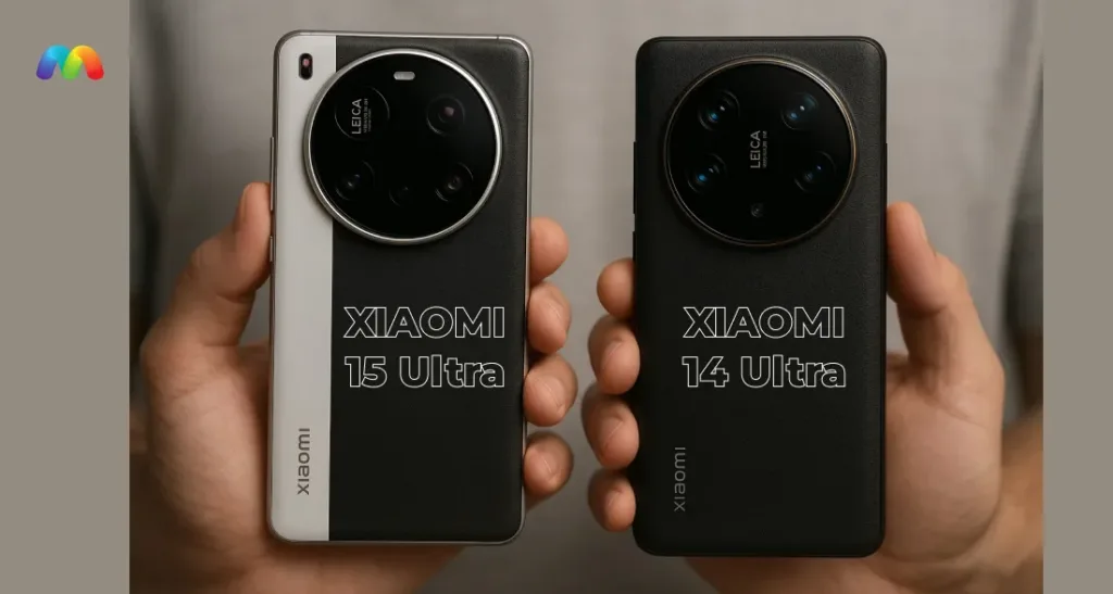Сравнение смартфонов Xiaomi 15 Ultra и Xiaomi 14 Ultra, удерживаемых в руках, с фокусом на их задних панелях и крупных модулях камер.