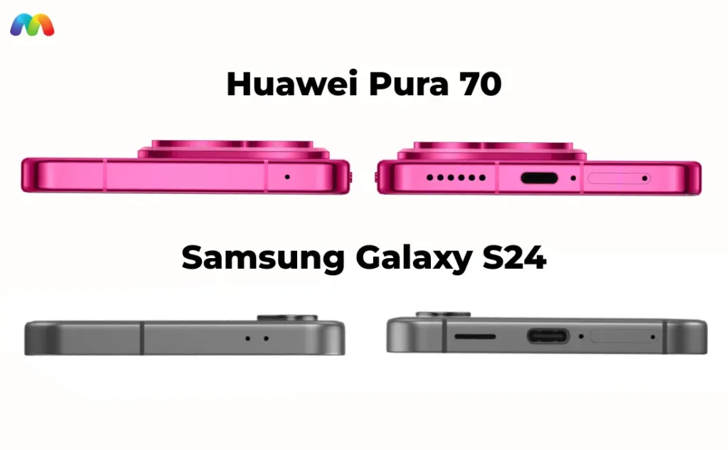 Боковое сравнение портов и кнопок Huawei Pura 70 и Samsung Galaxy S24