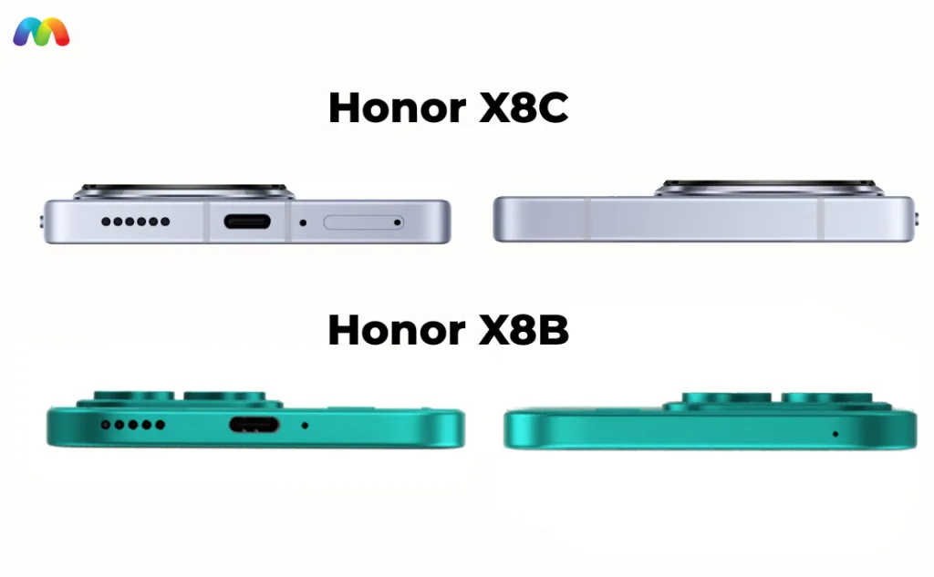 Сравнение Honor X8C и Honor X8B 13 Боковой вид смартфонов Honor X8C и Honor X8B, демонстрирующий расположение кнопок, портов и модулей камеры.