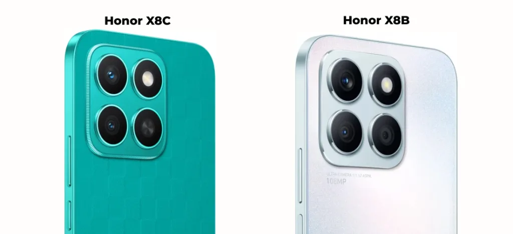 Сравнение Honor X8C и Honor X8B 23 Крупный план модулей камер смартфонов Honor X8C (зеленый) и Honor X8B (белый).