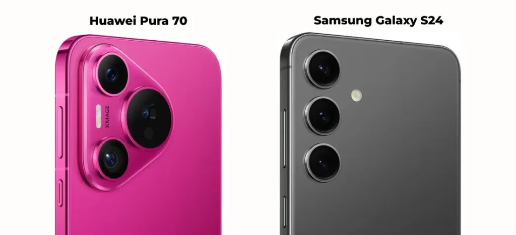 Сравнение модулей камер Huawei Pura 70 и Samsung Galaxy S24 на белом фоне