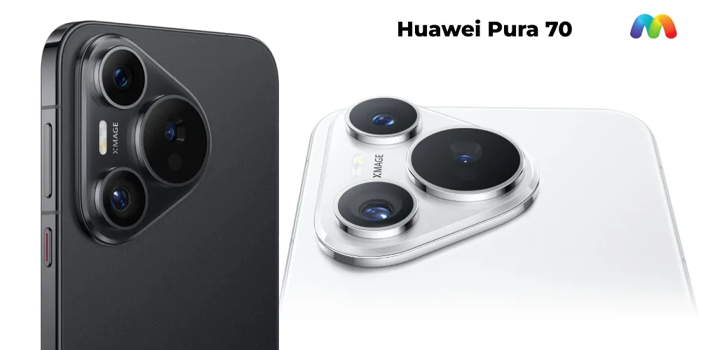 Крупный план модуля основной камеры Huawei Pura 70 в черном и белом цветах, с деталями линз и логотипом X-IMAGE.