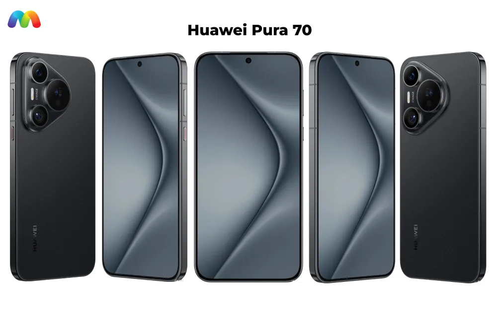 Huawei Pura 70 смартфон в черном цвете с разных сторон, демонстрирующий дизайн камеры и экран.