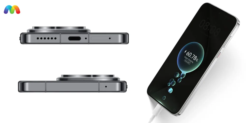Боковые грани Huawei Pura 70 с портами USB-C и динамиками, а также экран смартфона во время быстрой зарядки.