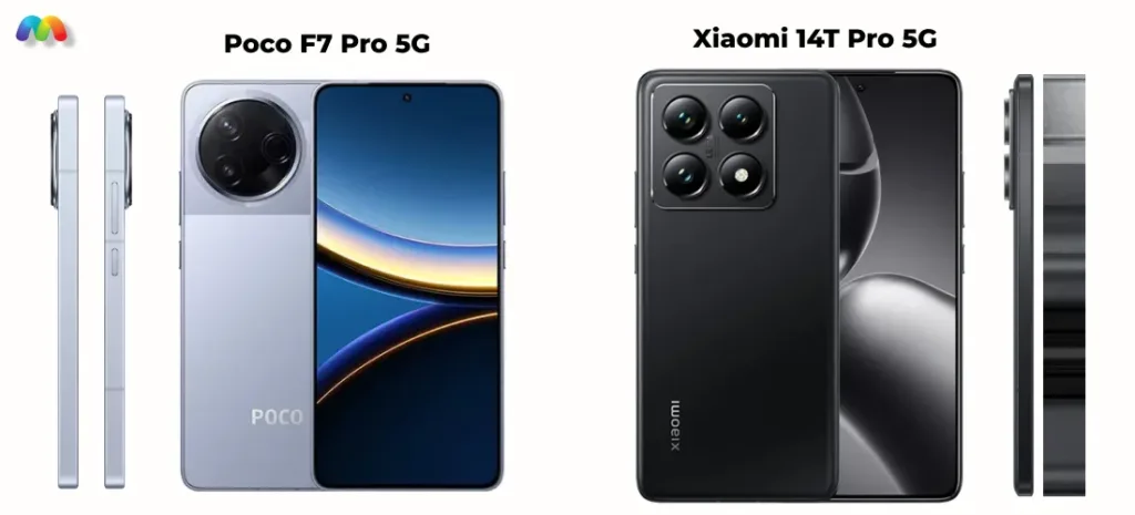 Сравнение внешнего вида Poco F7 Pro (серебристый) и Xiaomi 14T Pro (черный) с видом спереди, сзади и сбоку.