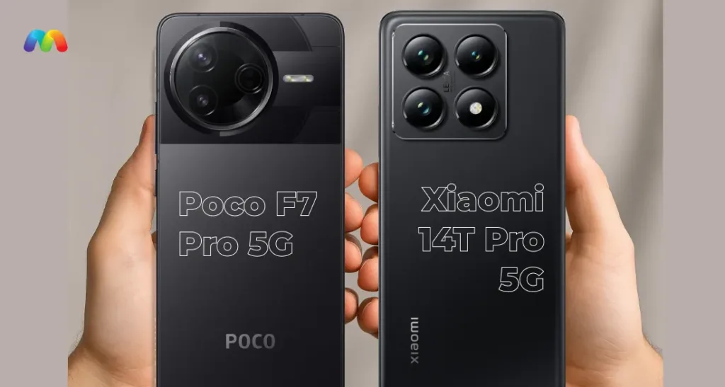 Две руки держат черные смартфоны Poco F7 Pro и Xiaomi 14T Pro, демонстрируя их задние панели и блоки камер.