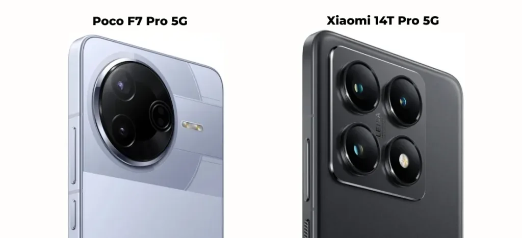 Крупный план модулей камер смартфонов Poco F7 Pro (серебристый) и Xiaomi 14T Pro (черный), показывающий их дизайн и расположение линз.