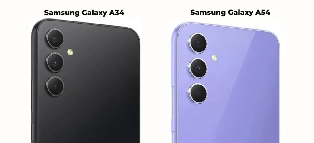 Крупный план сравнения модулей задних камер смартфонов Samsung Galaxy A34 (черный) и Samsung Galaxy A54 (фиолетовый), показывающий их идентичное расположение из трех отдельных объективов.
