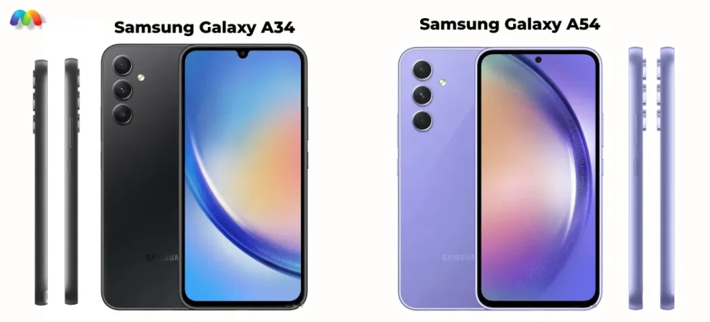 Полный сравнительный вид смартфонов Samsung Galaxy A34 (черный) и Samsung Galaxy A54 (фиолетовый), показывающий переднюю, заднюю и боковые стороны с их соответствующими дисплеями и кнопками.