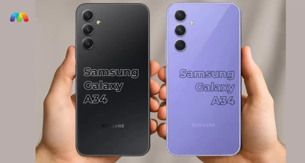 Две руки держат задние панели смартфонов Samsung Galaxy A34 (черный) и Samsung Galaxy A54 (фиолетовый) рядом, демонстрируя их соответствующие цветовые варианты и дизайн камер.