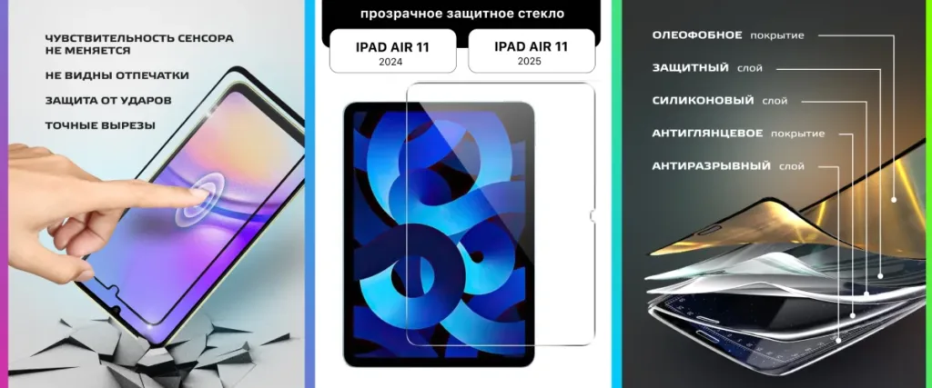 Инфографика свойств защитного стекла для iPad Air 11 2024 и 2025: чувствительность сенсора, защита от ударов, слои стекла.