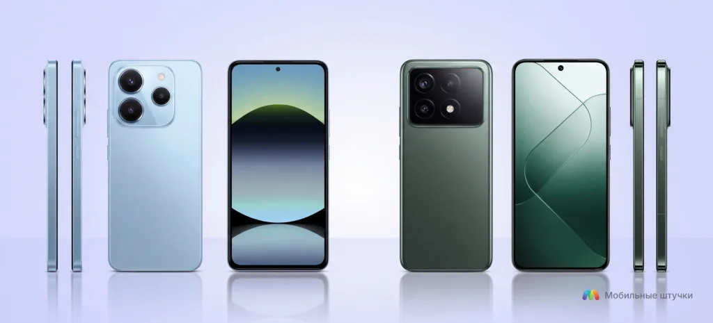 Сравнение внешнего вида Xiaomi 14 и Xiaomi Redmi Note 14 5G: фронтальная, тыльная панель и профиль. Выбирайте идеальные чехлы для Xiaomi в Беларуси.