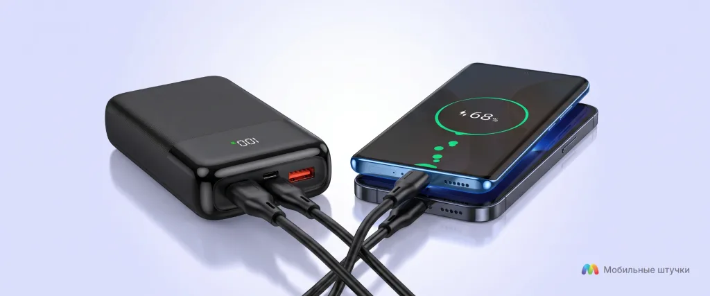 Powerbank Hoco j121A Fast заряжает два смартфона одновременно через USB-A и Type-C порты, индикатор 100% заряда повербанка и 68% заряда телефона