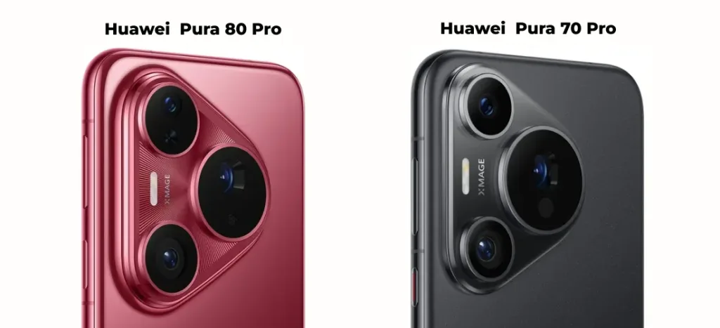 Крупный план модулей камер смартфонов Huawei Pura 80 Pro и Pura 70 Pro. Видна разница в форме и расположении объективов.