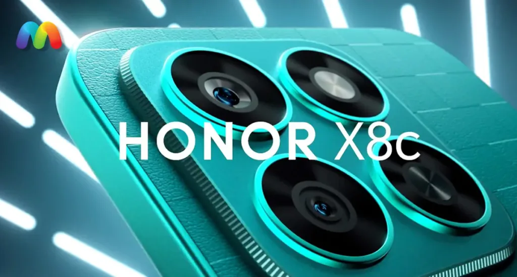 Крупный план бирюзового смартфона HONOR X8c, демонстрирующий его модуль камеры и текстурированную заднюю панель. На фото четко видно название модели "HONOR X8c" рядом с объективами.