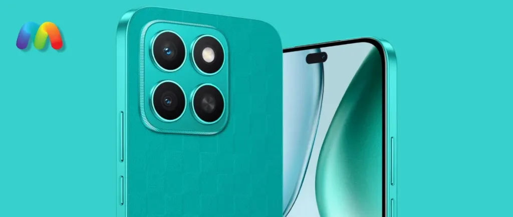 Изображение демонстрирует бирюзовый смартфон HONOR X8c, показывая крупным планом заднюю часть с модулем камеры, состоящим из четырех объективов. Рядом с ним виден экран другого смартфона, подчеркивающий его дизайн.