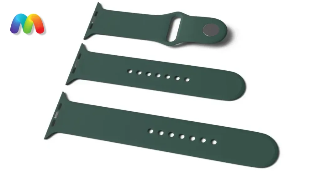 Три части зеленого силиконового ремешка для Apple Watch на белом фоне.