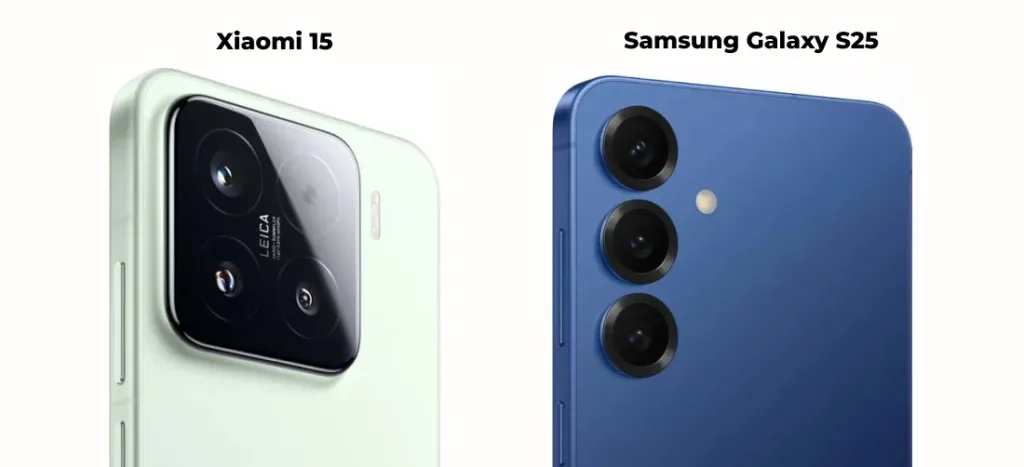 Крупный план задних камер двух смартфонов: Xiaomi 15 с большим квадратным блоком камер Leica и Samsung Galaxy S25 с тремя вертикальными объективами.