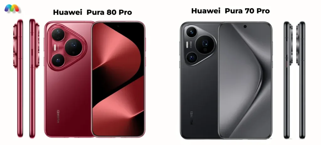Коллаж, показывающий смартфоны Huawei Pura 80 Pro и Huawei Pura 70 Pro с разных ракурсов: вид сбоку и вид спереди.
