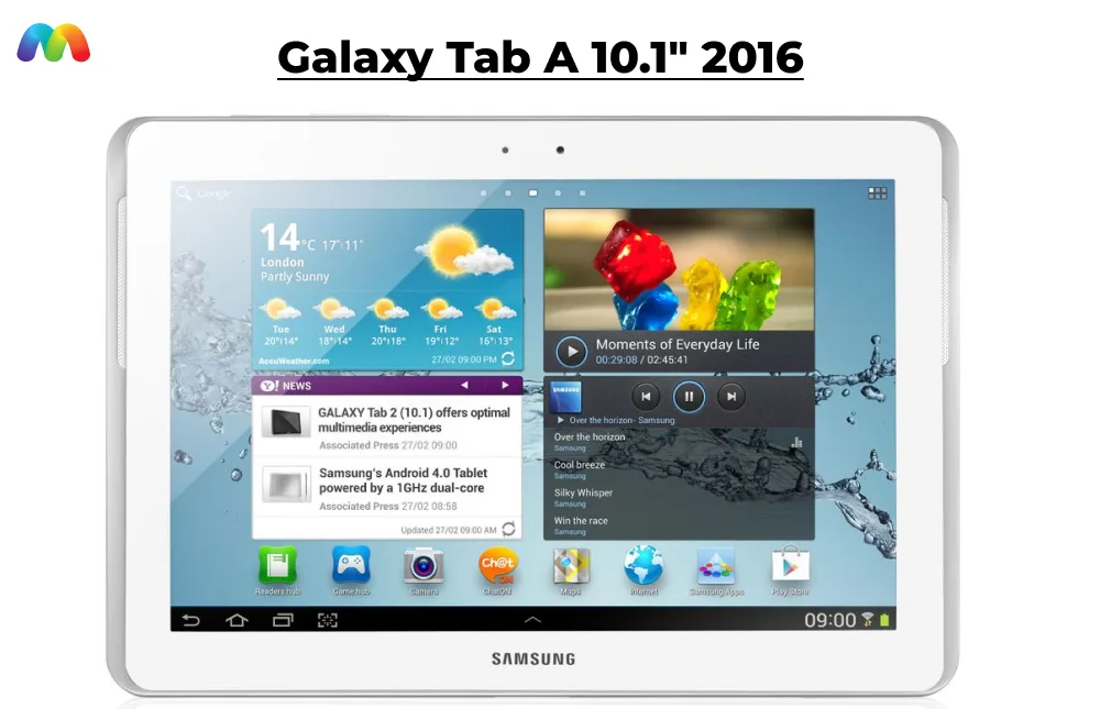 Светлый планшет Samsung Galaxy Tab 2, лежащий на белой поверхности. На его экране отображаются виджеты погоды, новостей и мультимедиа.