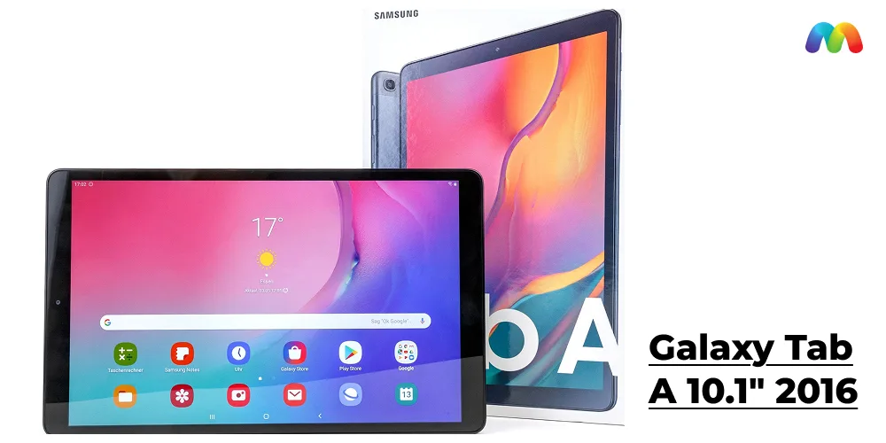 Планшет Samsung Galaxy Tab A 10.1 2016 года выпуска, лежащий на столе рядом с его фирменной белой упаковкой.