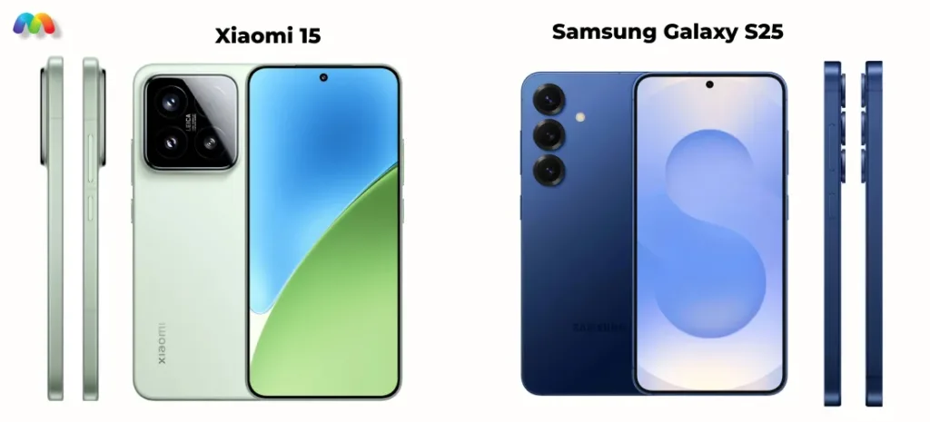 Два смартфона, Xiaomi 15 и Samsung Galaxy S25, показаны спереди, сзади и с боков. Xiaomi 15 светло-зеленого цвета с большим квадратным блоком камер. Samsung Galaxy S25 синего цвета с тремя вертикальными камерами.