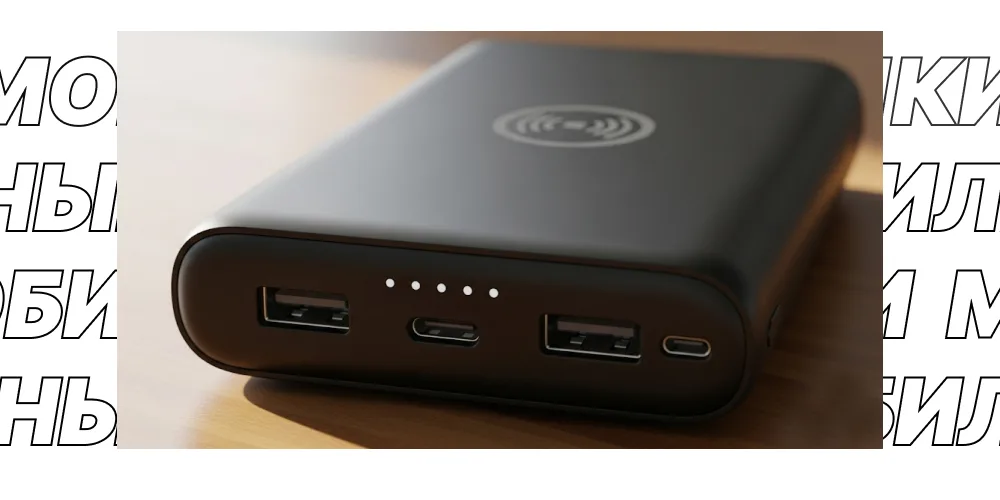 Крупный план повербанка, на котором видны несколько портов USB-A и USB-C, а также индикатор беспроводной зарядки.
