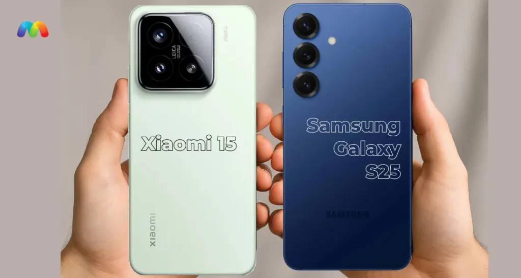 Две руки держат два смартфона: Xiaomi 15 (светло-зеленый с квадратным модулем камеры) и Samsung Galaxy S25 (синий с тремя вертикальными камерами).