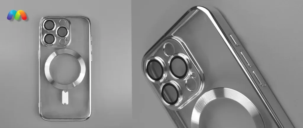 Два ракурса серебристого прозрачного чехла J-Case для iPhone. Слева — вид спереди, справа — крупный план блока камеры и боковых кнопок.