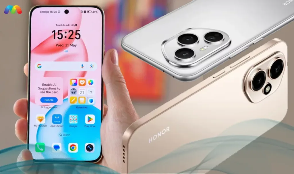 Крупный план двух смартфонов Honor 400. На переднем плане — Honor 400 с видом сбоку, демонстрирующим камеру. На заднем плане — Honor 400 Lite, его экран с виджетами и приложениями.