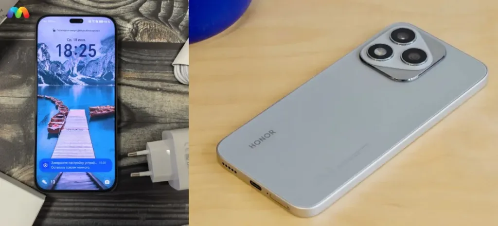 Слева — лицевая сторона смартфона Honor 400 с включенным экраном. Справа — задняя сторона телефона рядом с зарядным блоком.