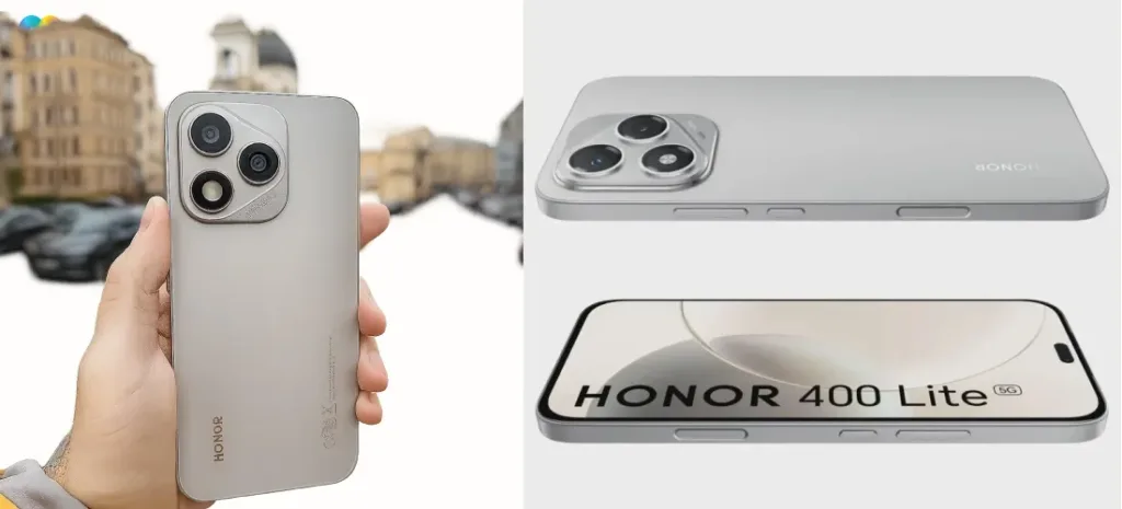 Коллаж с тремя видами смартфона Honor 400 Lite в серебристом цвете. На одном снимке телефон держат в руке, на других — показаны его верхняя и нижняя части.