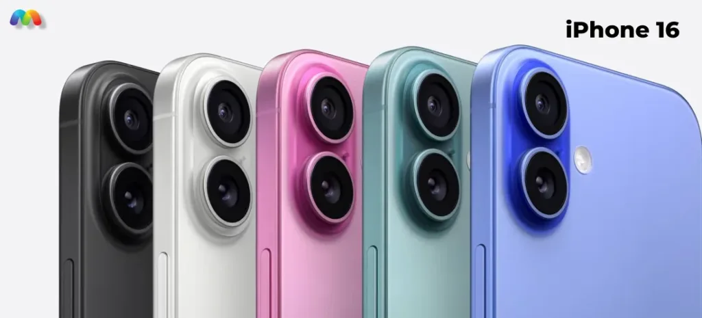 Четыре концептуальных смартфона iPhone 16 в разных цветах: черный, белый, розовый, мятный и фиолетовый. У всех диагональное расположение двойной камеры.