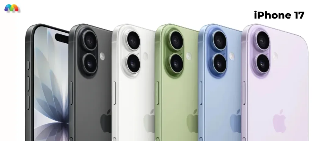 Ряд из пяти концептуальных смартфонов iPhone 17 в разных цветах: черный, белый, зеленый, синий и сиреневый. У всех вертикальное расположение двойной камеры.