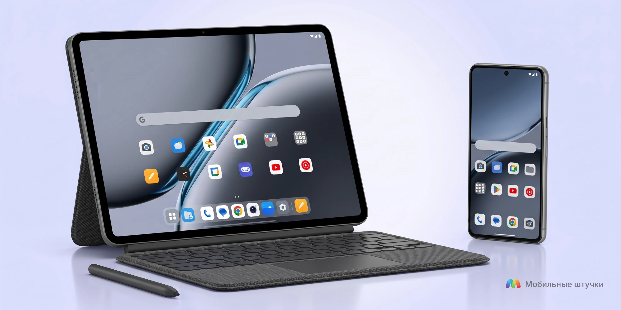 Планшет OnePlus Pad Go с подключённой клавиатурой и рядом лежащим смартфоном на столе.