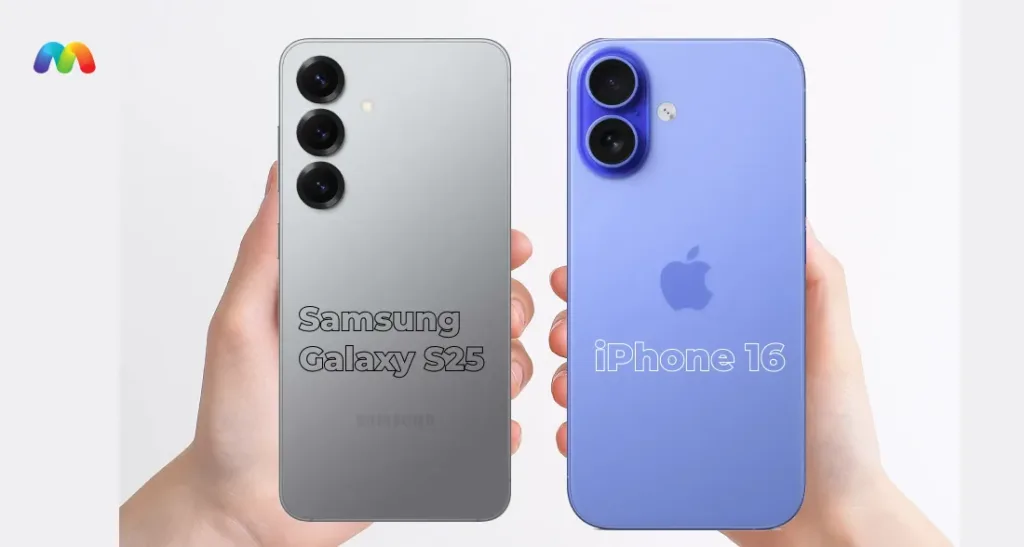Две руки держат смартфоны: серый Samsung Galaxy S25 и синий iPhone 16, демонстрируя их размеры и внешний вид.