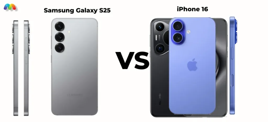 Изображение показывает концепты смартфонов Samsung Galaxy S25 и iPhone 16, сравнивая их дизайн сзади и сбоку. На левой стороне серый Galaxy S25, а на правой — синий iPhone 16.