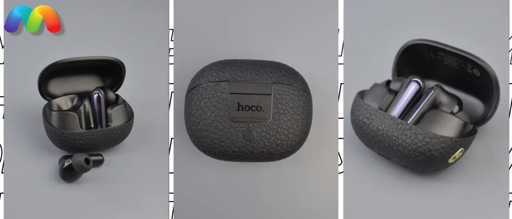 Три кадра с наушниками Hoco EQ23 Plus Duke II: открытый кейс с одним наушником рядом, закрытый кейс с логотипом hoco. в центре и открытый кейс с наушниками в ракурсе 3/4.