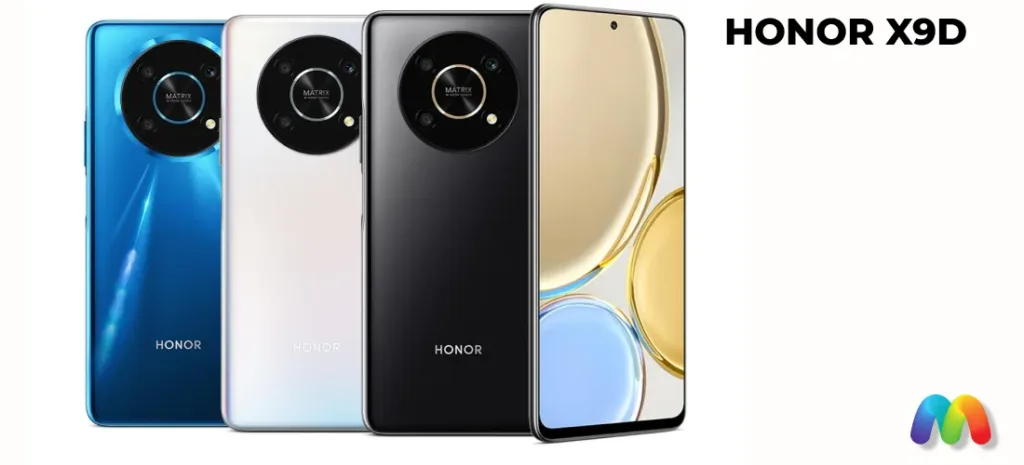 Три смартфона Honor X9D в синем, белом и черном цветах и один спереди.