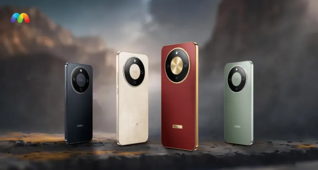 Четыре смартфона Honor X9D с крупным круглым блоком камер в различных цветах и текстурах.