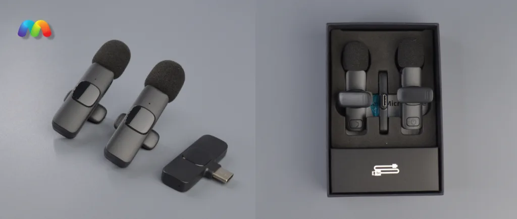 Беспроводной петличный микрофон Smile K1 с двумя микрофонами 4 Слева: Два беспроводных микрофона и приемник. Справа: Те же компоненты аккуратно уложены в черную коробку для продажи.